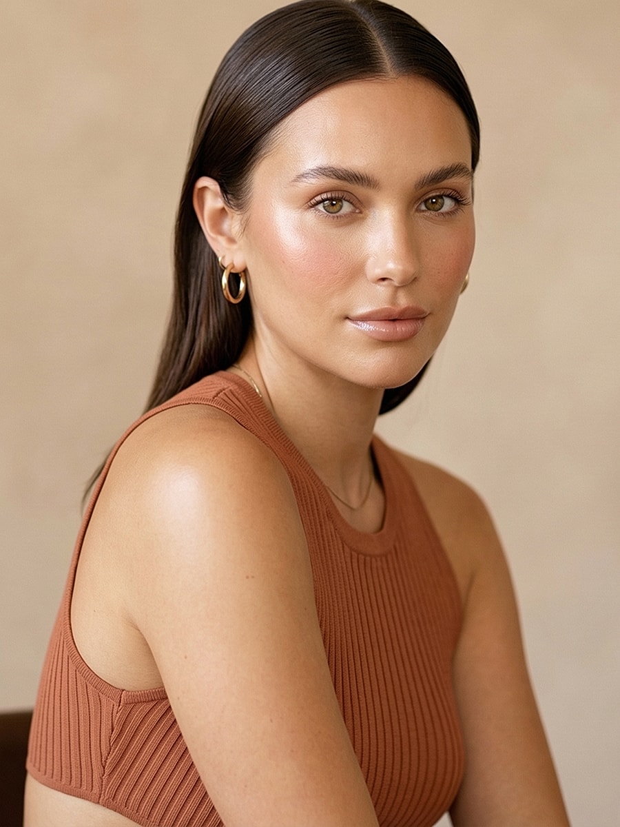 Woman posing with natural makeup and hairstyle.